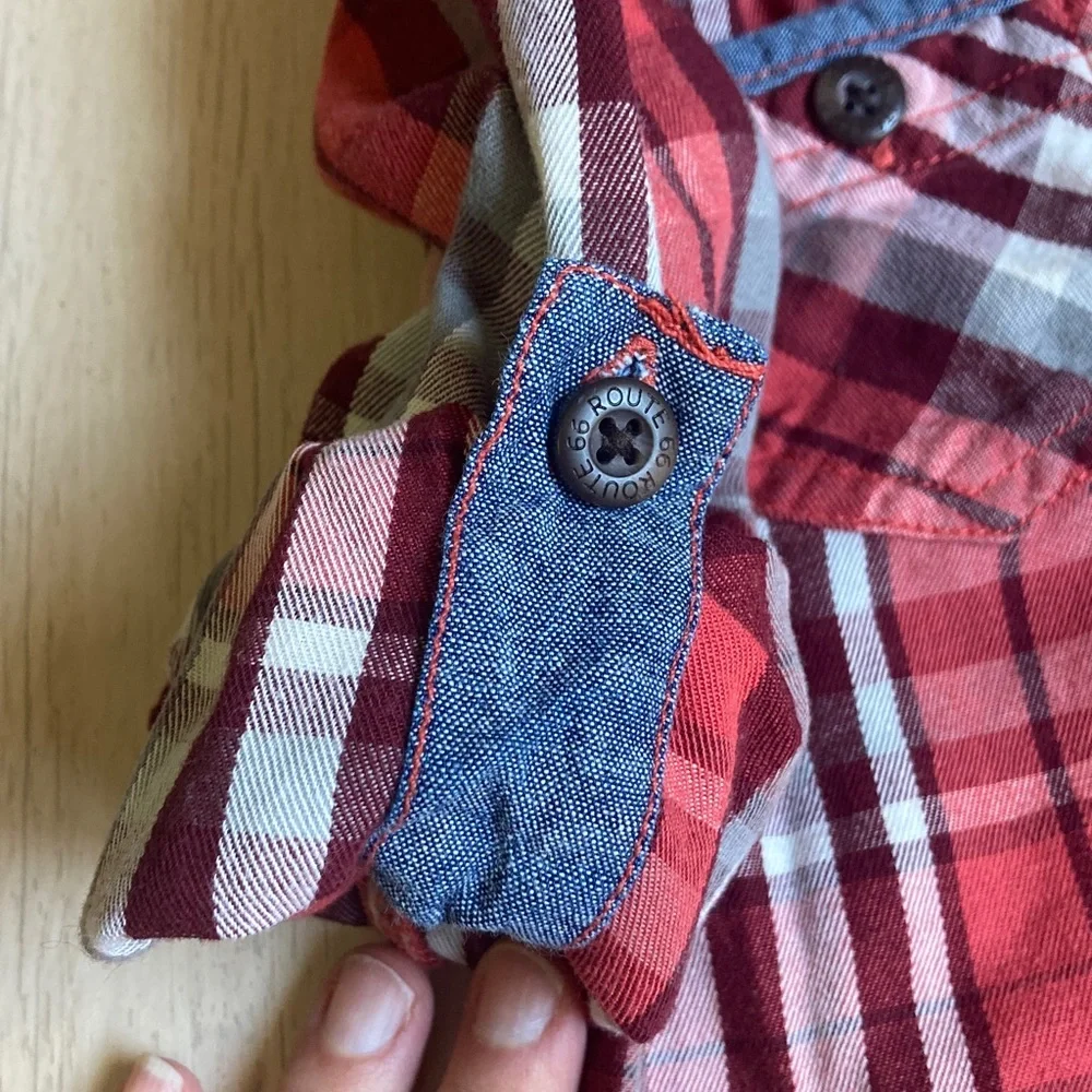 Baby Route 66 Red Plaid Button Down Shirt, Size 24 Months